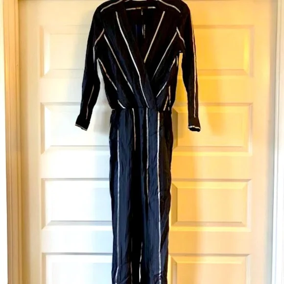 NWT MAJE PANTI Jumpsuit Navy w Silver Metallic Pinstripes LS SZ 4 MSRP $379